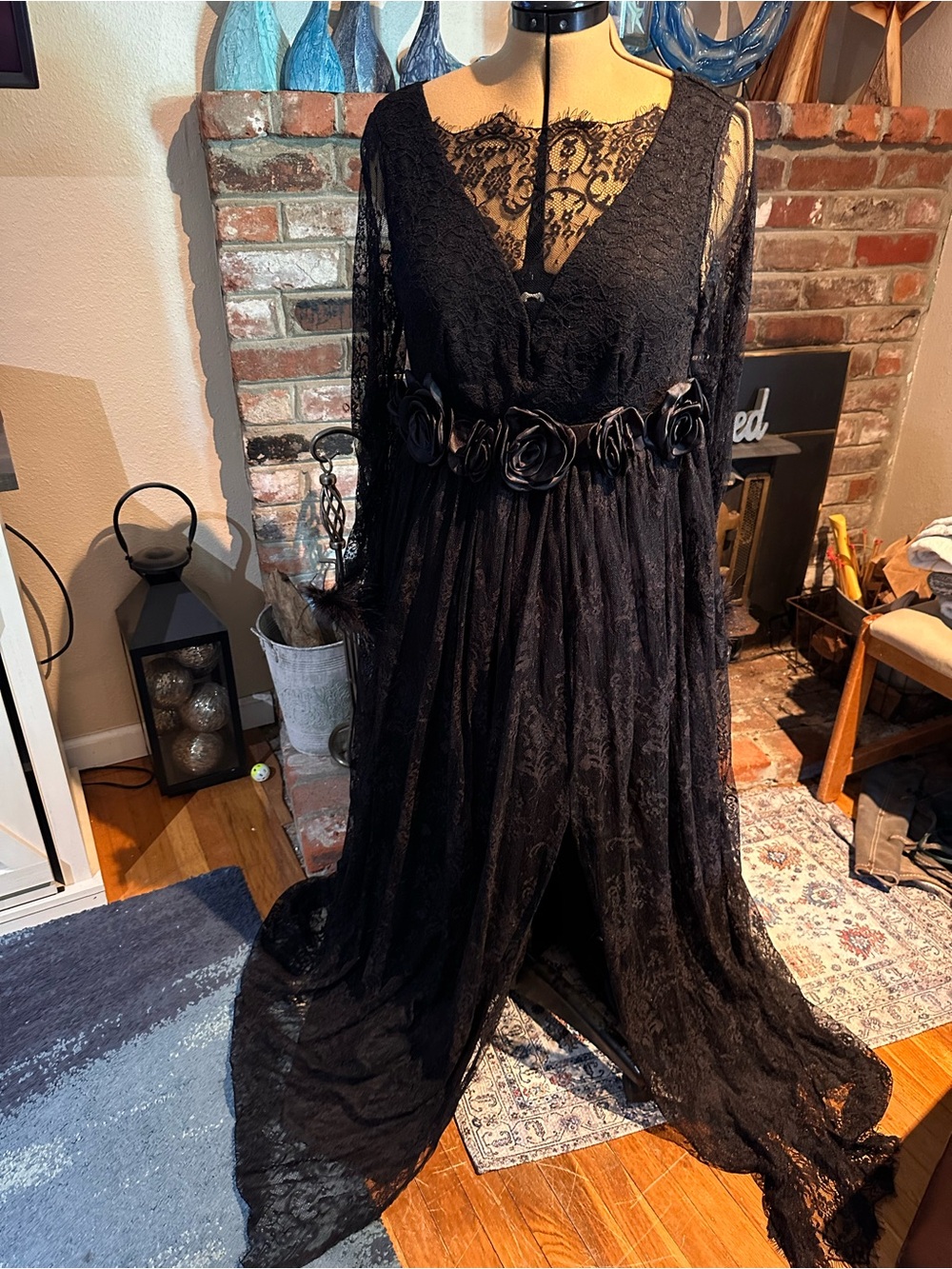 Black Lace Maxi Dress with Floral Waist Detail - Women